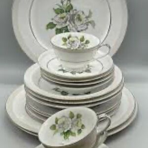 Elegant White and Green Floral Dinnerware Set
